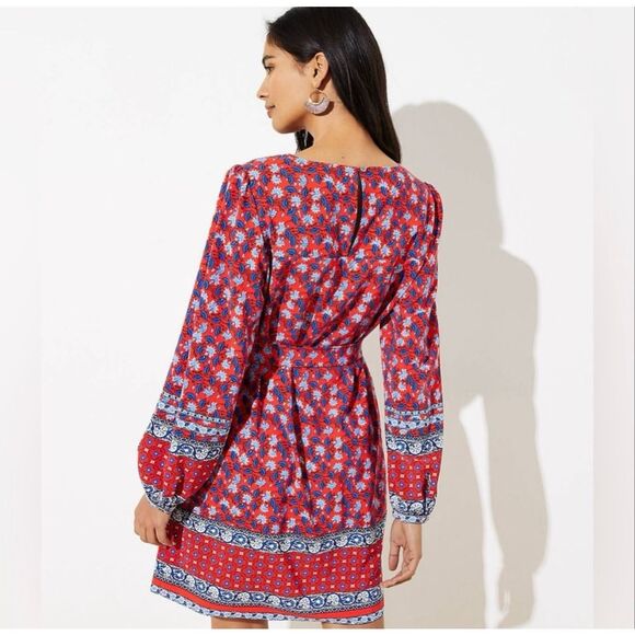 LOFT Women’s Large Border Floral Tie Waist Dress Red Stretch Boho NEW - Picture 3 of 10